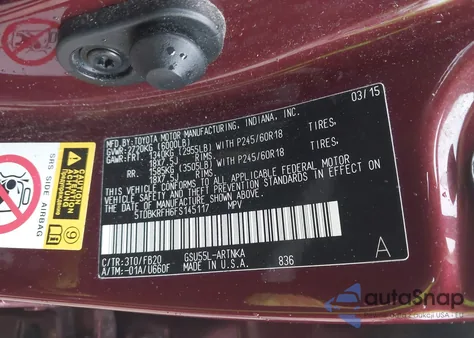 2015 Toyota Highlander Le V6 from USA, damaged, VIN 5TDBKRFH6FS145117